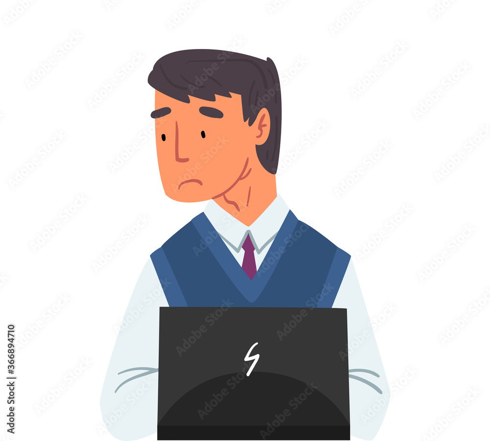Businessman Sitting in front of Computer, Stressed Male Office Manager Working with Laptop Vector Illustration Isolated on White Background