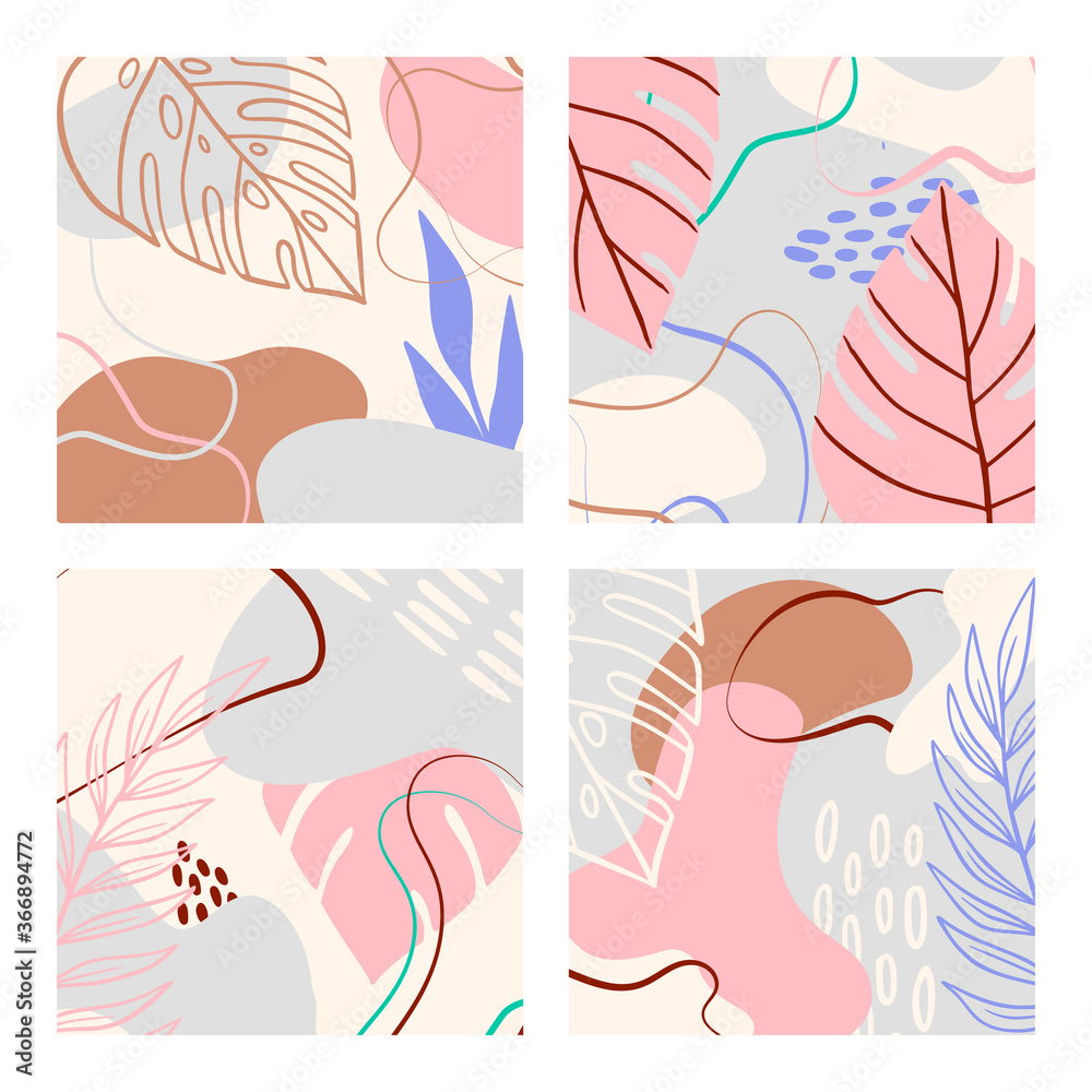 Abstract tropical set background with geometric shapes, palm leaves in pastel colors. Blue, pink, brown modern collage for posters. Vector illustration in trendy style abstract design,monstera leaf