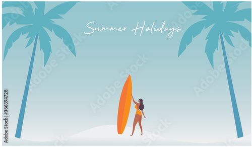 Hello summer concept. Beautiful bikini girl holding surfboard, surfing on beach in summer day vector illustration. Summer surfing, enjoy summer holidays beach concept background