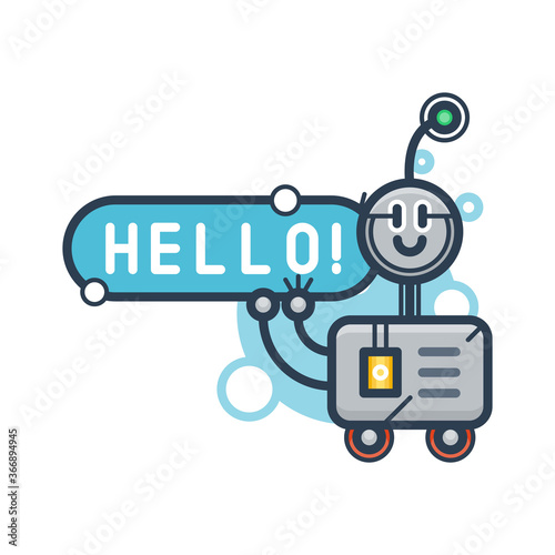 Cute robot say Hello. Isolated illustration virtual online help customer support on white background