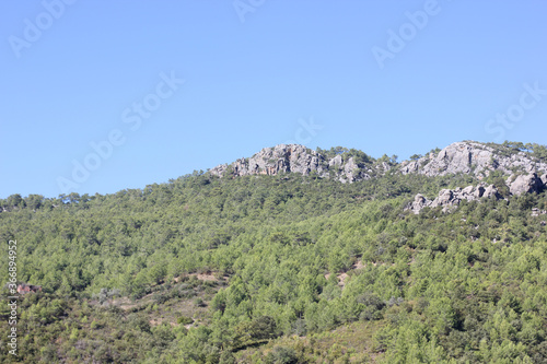 Alanya, TURKEY - August 10, 2013: Travel to Turkey. Helene Hills. Mountains in the background in the distance. Rocks, wildlife of Turkey. Forest and clear blue sky. Mediterranean Sea.