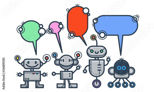Kawaii smiling robots with speech bubbles. Isolated trendy flat cartoon characters. Voice support service chat bots