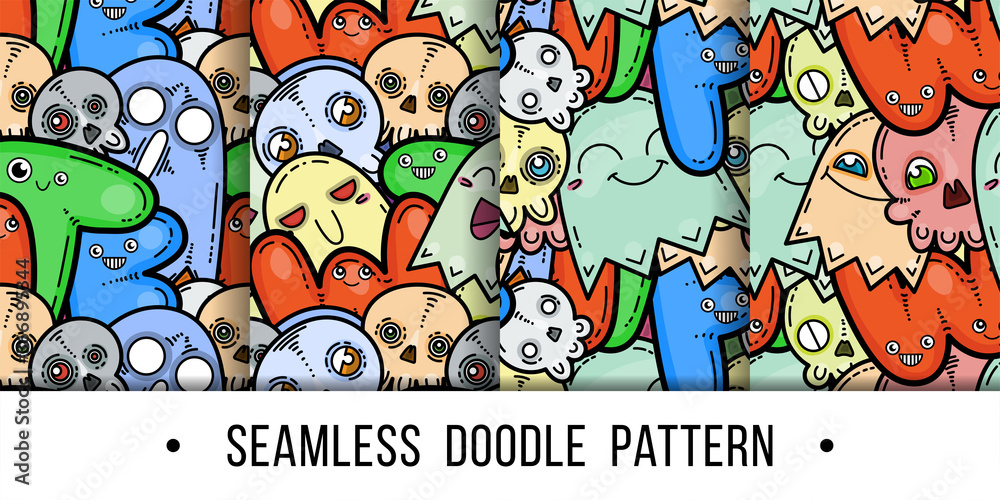 Set of kawaii seamless patterns of friendly doodle monsters,cute and fun variety of colors animals