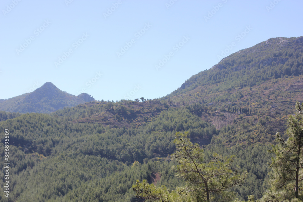 Alanya, TURKEY - August 10, 2013: Travel to Turkey. Helene Hills. Mountains in the background in the distance. Rocks, wildlife of Turkey. Forest and clear blue sky. Mediterranean Sea. Alanya, TURKEY - August 10, 2013: Travel to Turkey. Helene Hills. Mountains in the background in the distance. Rocks, wildlife of Turkey. Forest and clear blue sky. Mediterranean Sea.