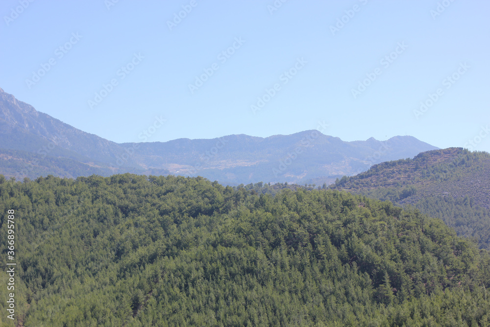 Alanya, TURKEY - August 10, 2013: Travel to Turkey. Helene Hills. Mountains in the background in the distance. Rocks, wildlife of Turkey. Forest and clear blue sky. Mediterranean Sea.