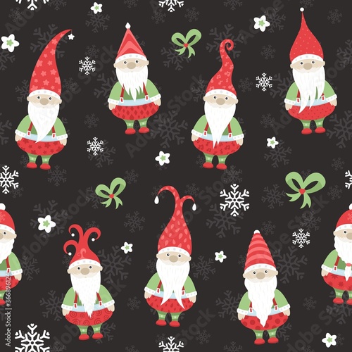 Christmas Gnomes. Vector Seamless pattern.
	