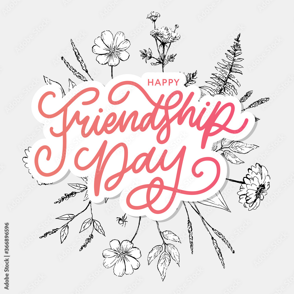 Obraz premium Vector illustration of hand drawn happy friendship day felicitation in fashion style with lettering text sign and color triangle for grunge effect isolated on white background