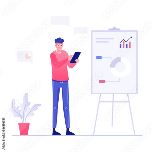 An avatar of teacher presenting business data in a class, flat illustration of presentation