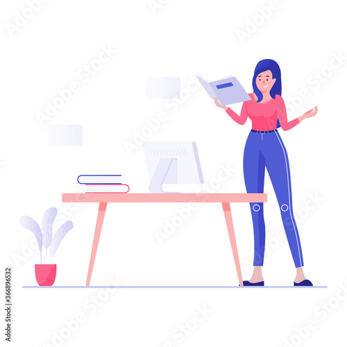 
Female teacher with books in a class, flat illustration design
