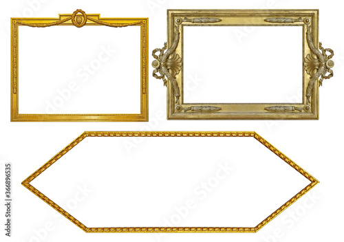 Set of golden frames for paintings, mirrors or photo isolated on white background