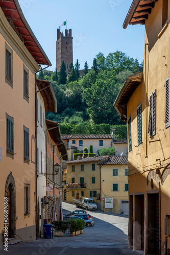 A glimpse of the historic center of San Miniato  Pisa  Italy  dominated by the tower of the Rocca di Federico II