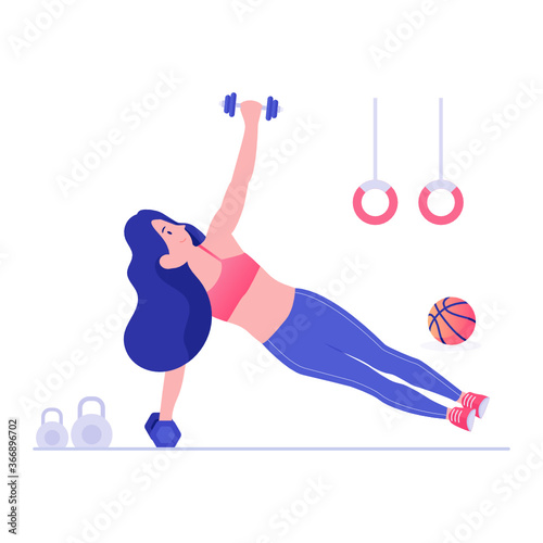 
Fitness equipment with female, flat illustration of home gym 
