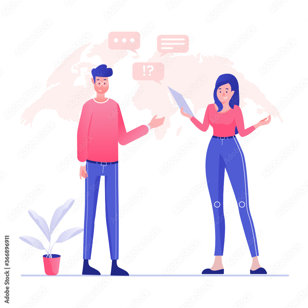 
Male and female with speech bubble, colleague discussion icon in flat style 
