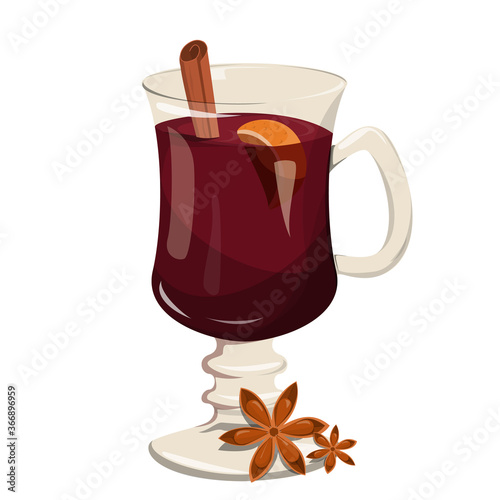 Mulled wine in glass vector isolated. Hot tasty alcohol drink for Christmas. Red beverage with aroma spices. Cinnamon, orange and star anise.