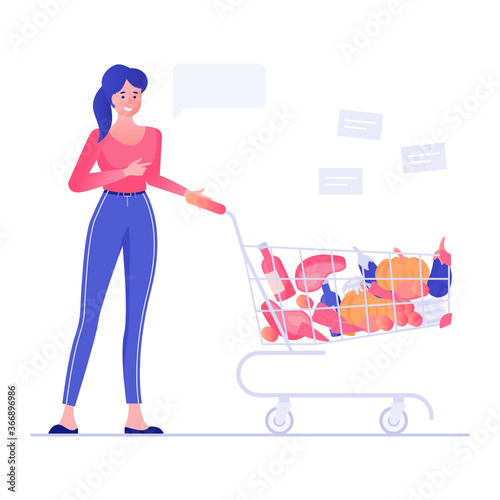 
Female with shopping trolley, grocery shopping in flat editable style 
