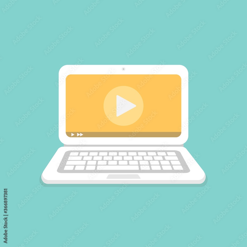 White laptop with play button on screen. Watch tutorials sign isolated on blue. White laptop with play button on screen. Watch tutorials sign isolated on blue.