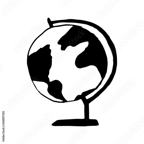 globe hand drawn in doodle style. vector, scandinavian, monochrome. single element for design sticker, icon, poster, banner. school, geography education