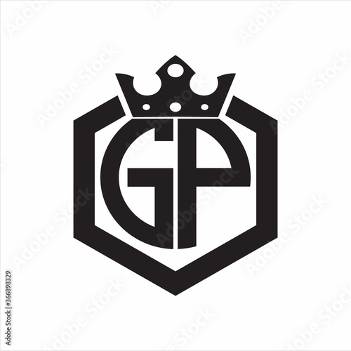 GP Logo monogram rounded by hexagon shape with crown design template on white background
