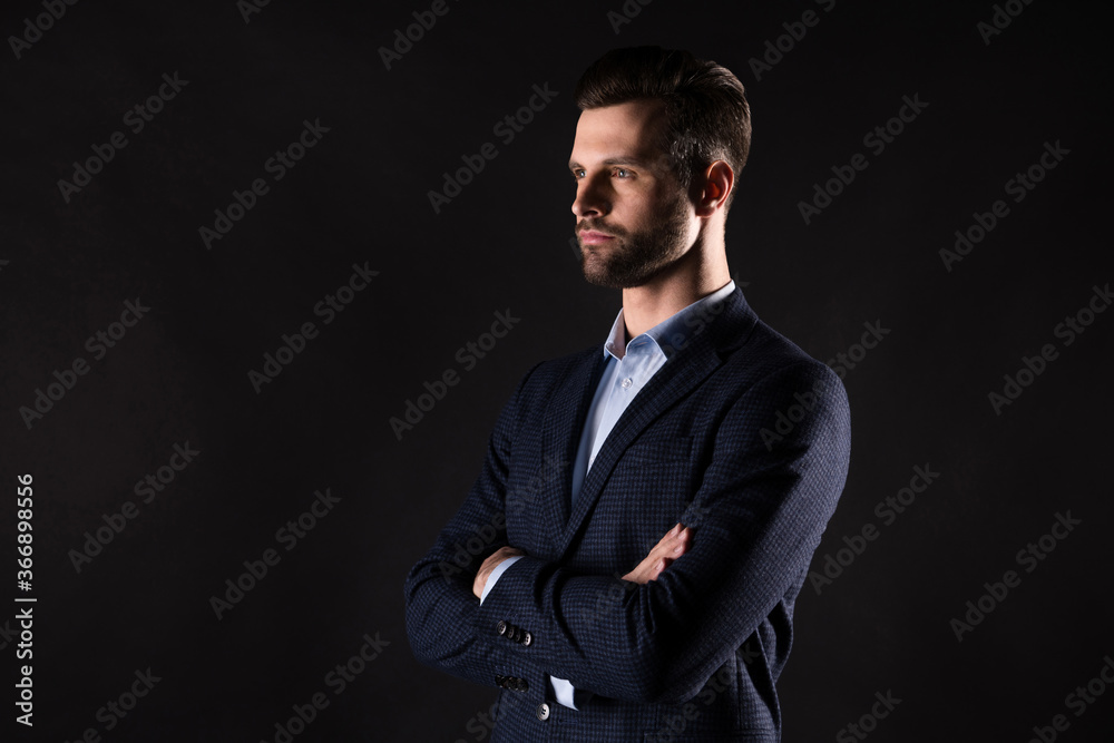 Profile side view portrait of his he nice attractive content elegant well-dressed guy successful skilled shark agent broker financier specialist folded arms isolated on dark black color background Profile side view portrait of his he nice attractive content elegant well-dressed guy successful skilled shark agent broker financier specialist folded arms isolated on dark black color background