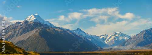 Panorama of Aoraki Mount Cook National Park, New Zealand