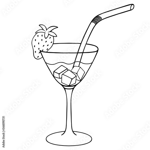 Martini with ice cubes. Refreshing cocktail. Sketch. A glass with an alcoholic drink. Vector stock illustration. Outline on an isolated white background. Doodle style. Strawberry decoration. 