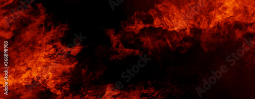Panoramic view fire on isolated background. Perfect explosion effect for decoration and covering on black background. Concept burn flame and light texture overlays. Stock illustration