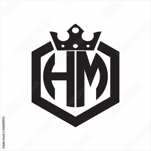 HM Logo monogram rounded by hexagon shape with crown design template on white background