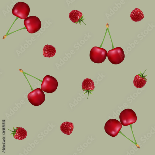 Beautiful summer pattern with cherries and raspberries.