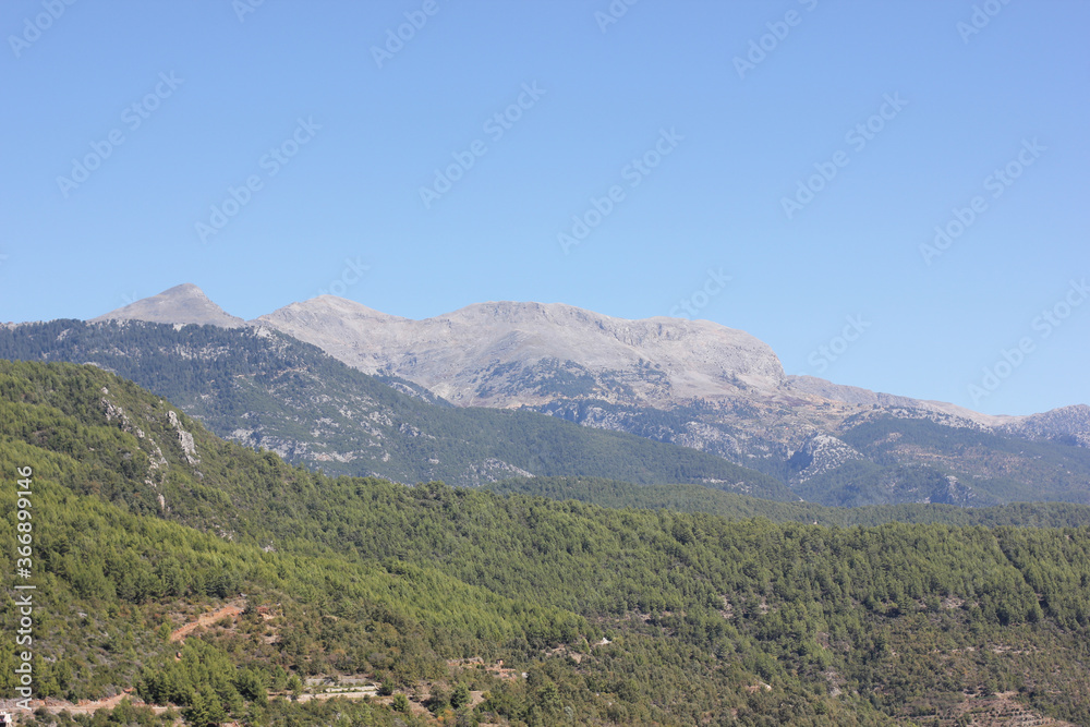 Naklejka premium Alanya, TURKEY - August 10, 2013: Travel to Turkey. Helene Hills. Mountains in the background in the distance. Rocks, wildlife of Turkey. Forest and clear blue sky.
