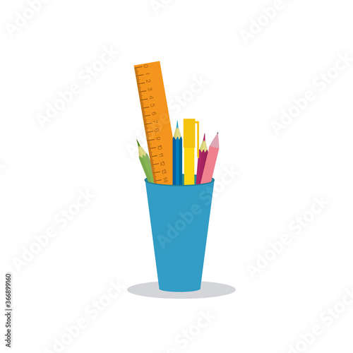 Colored pencils, pens and ruler in a glass for office and home. Vector illustration isolated on white background.