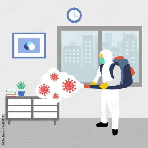 A man in hazmat suit spraying and disinfecting covid19 Coronavirus cells epidemic outbreak. Virus disinfection prevention vector illustration. Cleaning virus, bacteria and germs in the room.	
