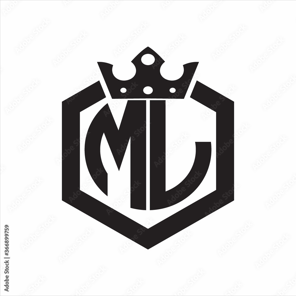 ML Logo monogram rounded by hexagon shape with crown design template on ...