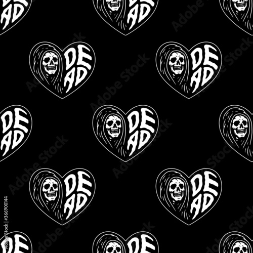 GRIM REAPER DEAD HEART SEAMLESS PATTERN WHITE BLACK BACKGROUND