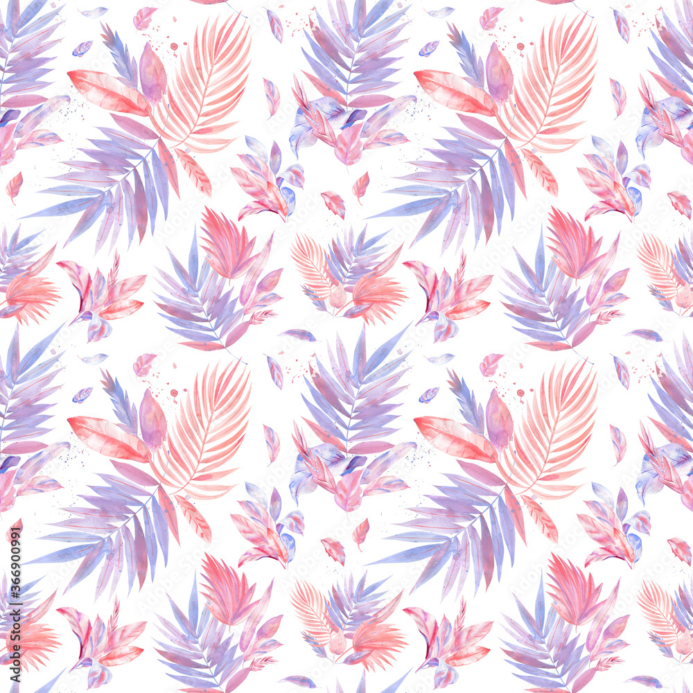 Pink tropical leaves, exotic plants, watercolor painting, digital paper. Seamless patterns. Pink tropical leaves, exotic plants, watercolor painting, digital paper. Seamless patterns.