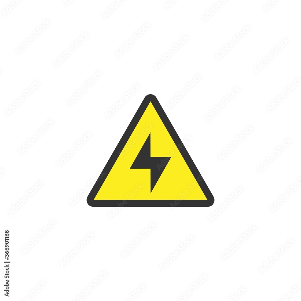 Black lightning bolt in yellow triangle. Warning icon. isolated on white. Black lightning bolt in yellow triangle. Warning icon. isolated on white.