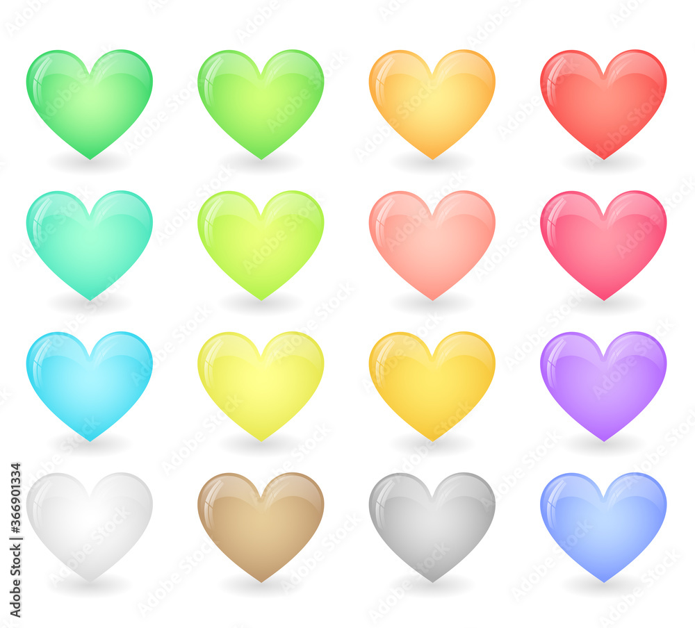 Glossy heart icons. Vector cartoon set of heart shape buttons in pastel colours, signs of love and romantic emotion isolated on white background