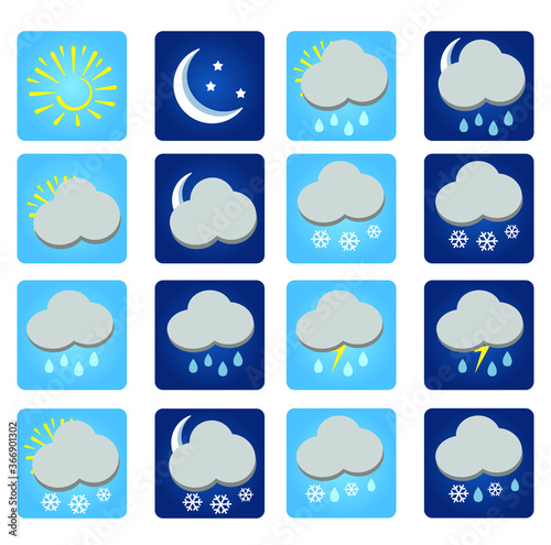 Weather icons for meteorology forecast with sun, moon, cloud and snow. Vector flat set of weather symbols with snowfall, storm and rain for day and night