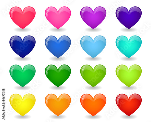 Glossy heart icons. Vector cartoon set of colored heart shape buttons, signs of love and romantic emotion isolated on white background