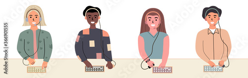 Concept air traffic controller cartoon set on white background. ATC, call center. Vector illustration in flat cartoon style.