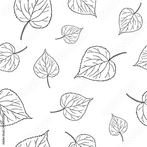 Seamless pattern with hand drawn leaves. Fashion, interior, wrapping, packaging suitable. Repeat graphic design of black and white linden leaf isolated on white	