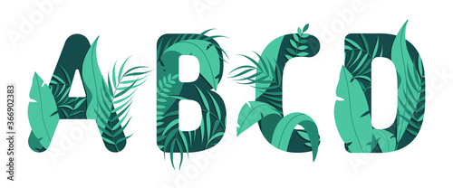 Vector letters A B C D of the alphabet. Leaf design.