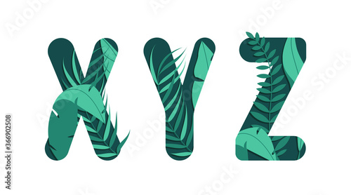 Vector letters X Y Z of the alphabet. Leaf design.