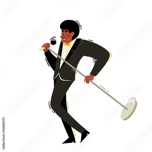 Cartoon african male singer with microphone isolated on white.