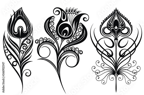 Beautiful collection of vector decorative tattoo peacock feathers