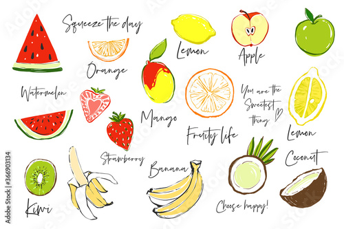 Fruity life quote, banana, kiwi, coconut, strawberry, mango, apple, lemon, watermelon, orange, lemon. Fruit colorful elements. Cute vector pattern. Cartoon vintage tropical print on white background