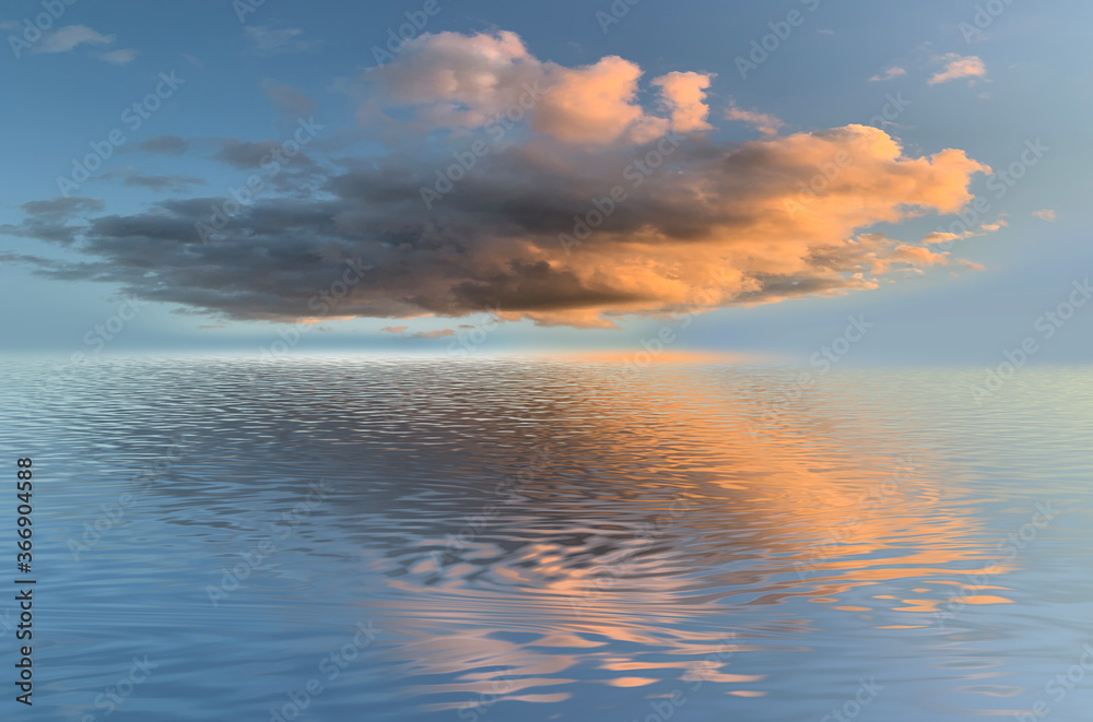 Obraz premium Sea sunset, neon light. Cloud over water. Reflection in the water of a beautiful sunset, rays. Marine tropical futuristic landscape, landscape with sky, water, sunlight. 3D illustration.