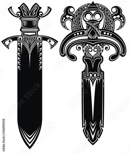 Sword tattoo viking set Celtic knightly emblem logo