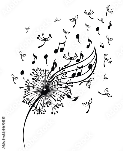 Dandelion with music notes. Music dandelion on white backdrop