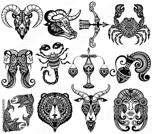Black and white set of zodiac signs icons.Tattoo style