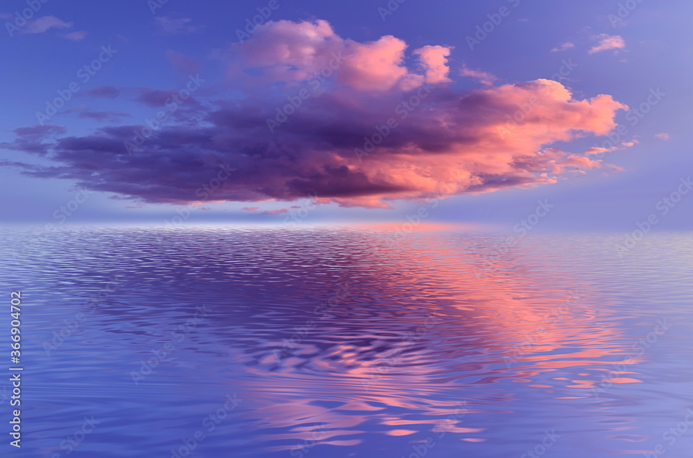 Fototapeta premium Sea sunset, neon light. Cloud over water. Reflection in the water of a beautiful sunset, rays. Marine tropical futuristic landscape, landscape with sky, water, sunlight. 3D illustration.